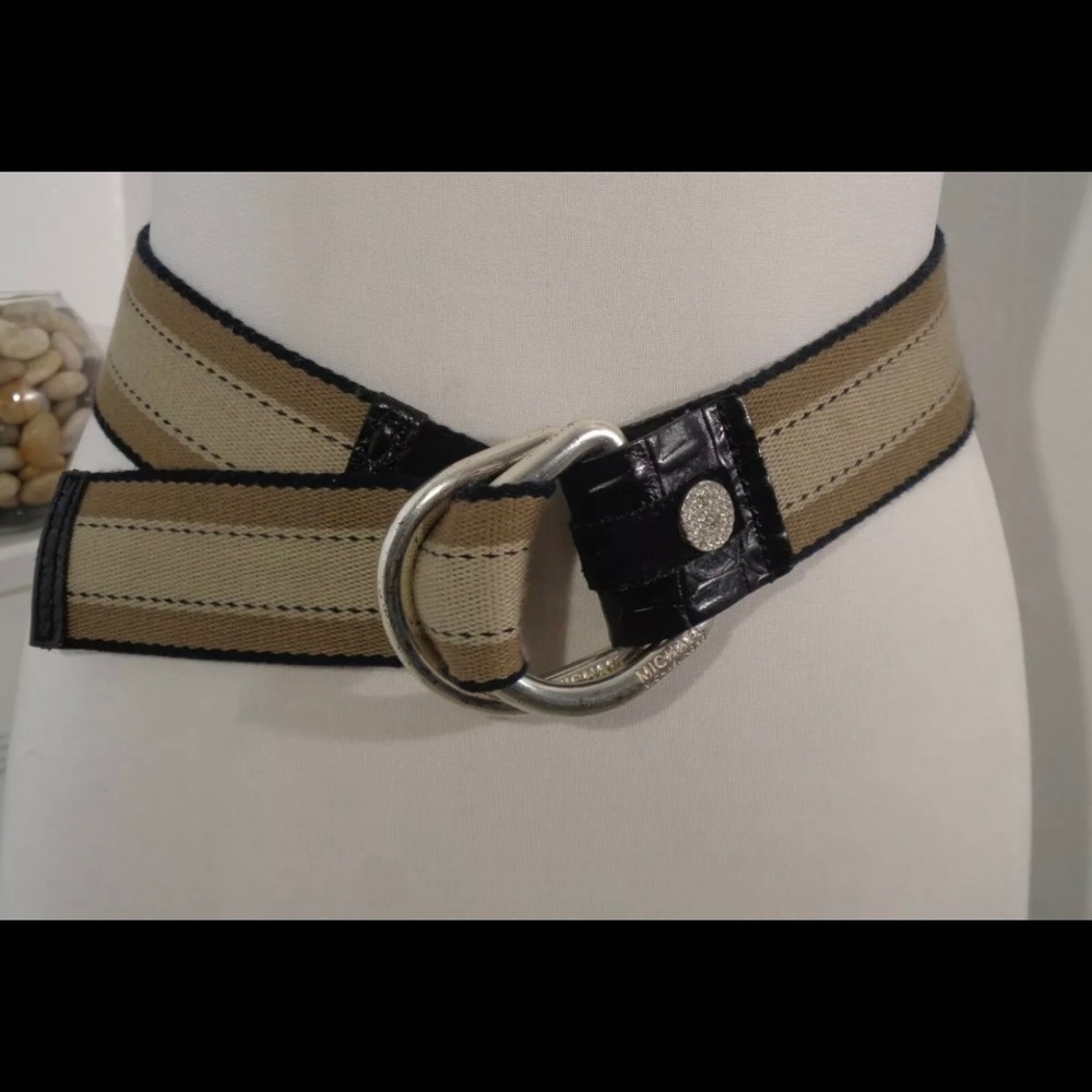 MICHAEL KORS Women's Belt Adjustable D Ring Fabric Striped Rhinestone Accent